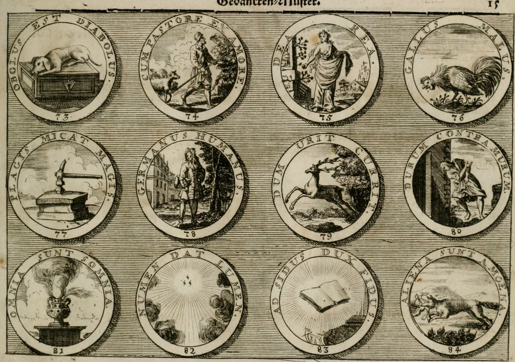 An illustration from Gedancken Muster und Anleitungen : worinen eine grosse Zahl nicht allein Sumarischer sondern auch Moral: emblematischen Figuren in vier Sprachen als Lat: Franz: Ital: und Teutsch vorstellet samt noch eines Stambuchs schöner Anweisungen woraus bey jeder Gelegenheit aus solchen etwas kan gezogen werden, 1700, leaf 18