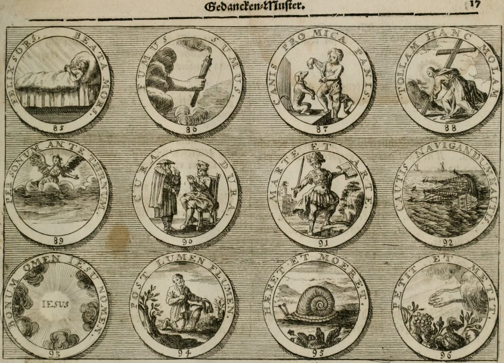 An illustration from Gedancken Muster und Anleitungen : worinen eine grosse Zahl nicht allein Sumarischer sondern auch Moral: emblematischen Figuren in vier Sprachen als Lat: Franz: Ital: und Teutsch vorstellet samt noch eines Stambuchs schöner Anweisungen woraus bey jeder Gelegenheit aus solchen etwas kan gezogen werden, 1700, leaf 20