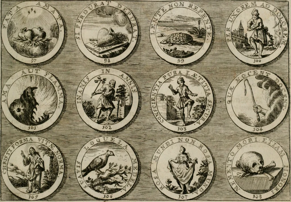 An illustration from Gedancken Muster und Anleitungen : worinen eine grosse Zahl nicht allein Sumarischer sondern auch Moral: emblematischen Figuren in vier Sprachen als Lat: Franz: Ital: und Teutsch vorstellet samt noch eines Stambuchs schöner Anweisungen woraus bey jeder Gelegenheit aus solchen etwas kan gezogen werden, 1700, leaf 22