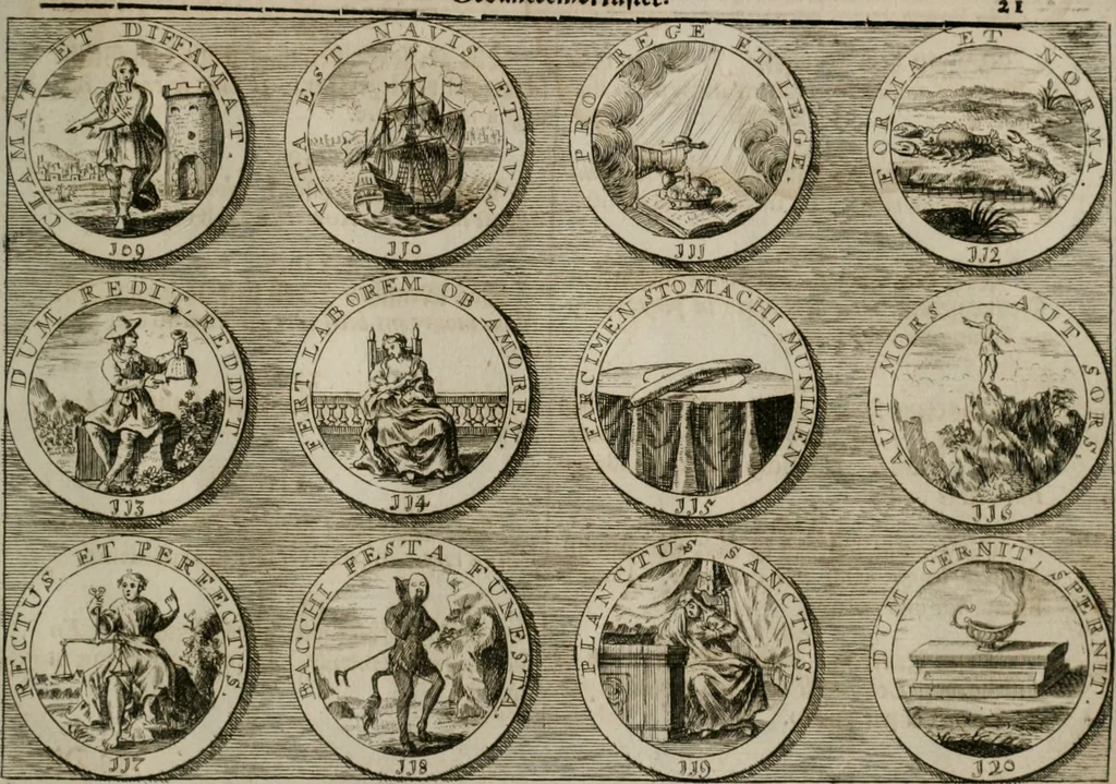 An illustration from Gedancken Muster und Anleitungen : worinen eine grosse Zahl nicht allein Sumarischer sondern auch Moral: emblematischen Figuren in vier Sprachen als Lat: Franz: Ital: und Teutsch vorstellet samt noch eines Stambuchs schöner Anweisungen woraus bey jeder Gelegenheit aus solchen etwas kan gezogen werden, 1700, leaf 24