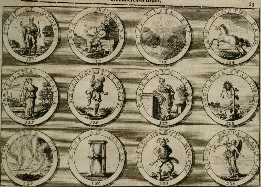 An illustration from Gedancken Muster und Anleitungen : worinen eine grosse Zahl nicht allein Sumarischer sondern auch Moral: emblematischen Figuren in vier Sprachen als Lat: Franz: Ital: und Teutsch vorstellet samt noch eines Stambuchs schöner Anweisungen woraus bey jeder Gelegenheit aus solchen etwas kan gezogen werden, 1700, leaf 26
