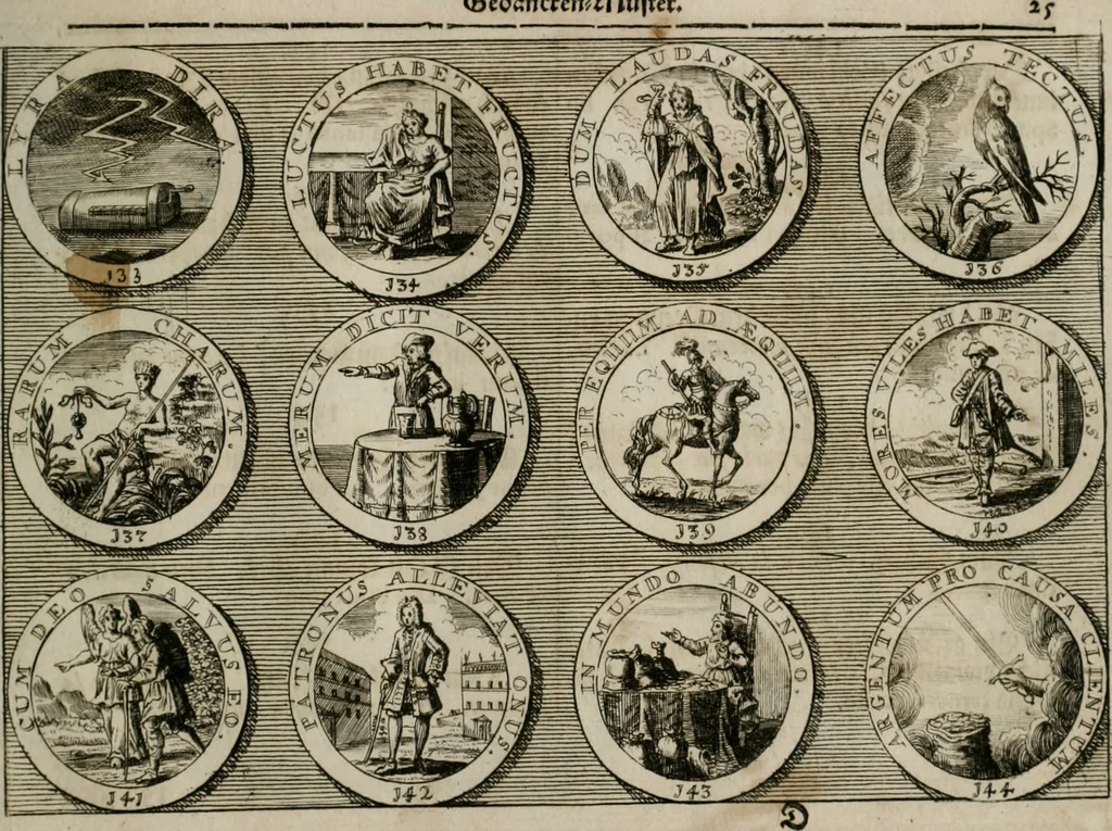 An illustration from Gedancken Muster und Anleitungen : worinen eine grosse Zahl nicht allein Sumarischer sondern auch Moral: emblematischen Figuren in vier Sprachen als Lat: Franz: Ital: und Teutsch vorstellet samt noch eines Stambuchs schöner Anweisungen woraus bey jeder Gelegenheit aus solchen etwas kan gezogen werden, 1700, leaf 28