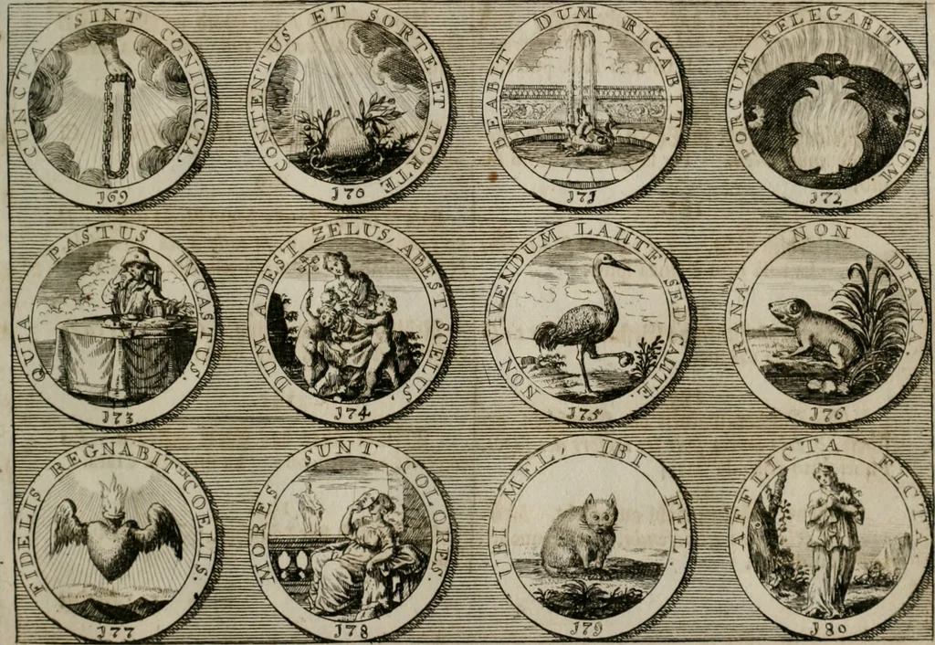 An illustration from Gedancken Muster und Anleitungen : worinen eine grosse Zahl nicht allein Sumarischer sondern auch Moral: emblematischen Figuren in vier Sprachen als Lat: Franz: Ital: und Teutsch vorstellet samt noch eines Stambuchs schöner Anweisungen woraus bey jeder Gelegenheit aus solchen etwas kan gezogen werden, 1700, leaf 34