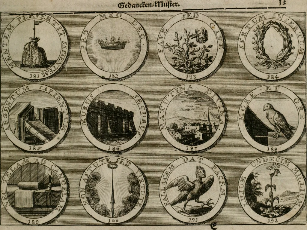 An illustration from Gedancken Muster und Anleitungen : worinen eine grosse Zahl nicht allein Sumarischer sondern auch Moral: emblematischen Figuren in vier Sprachen als Lat: Franz: Ital: und Teutsch vorstellet samt noch eines Stambuchs schöner Anweisungen woraus bey jeder Gelegenheit aus solchen etwas kan gezogen werden, 1700, leaf 36