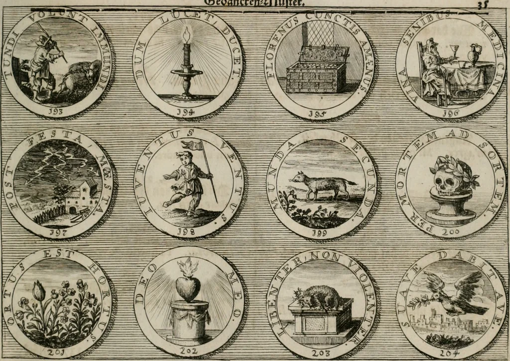 An illustration from Gedancken Muster und Anleitungen : worinen eine grosse Zahl nicht allein Sumarischer sondern auch Moral: emblematischen Figuren in vier Sprachen als Lat: Franz: Ital: und Teutsch vorstellet samt noch eines Stambuchs schöner Anweisungen woraus bey jeder Gelegenheit aus solchen etwas kan gezogen werden, 1700, leaf 38
