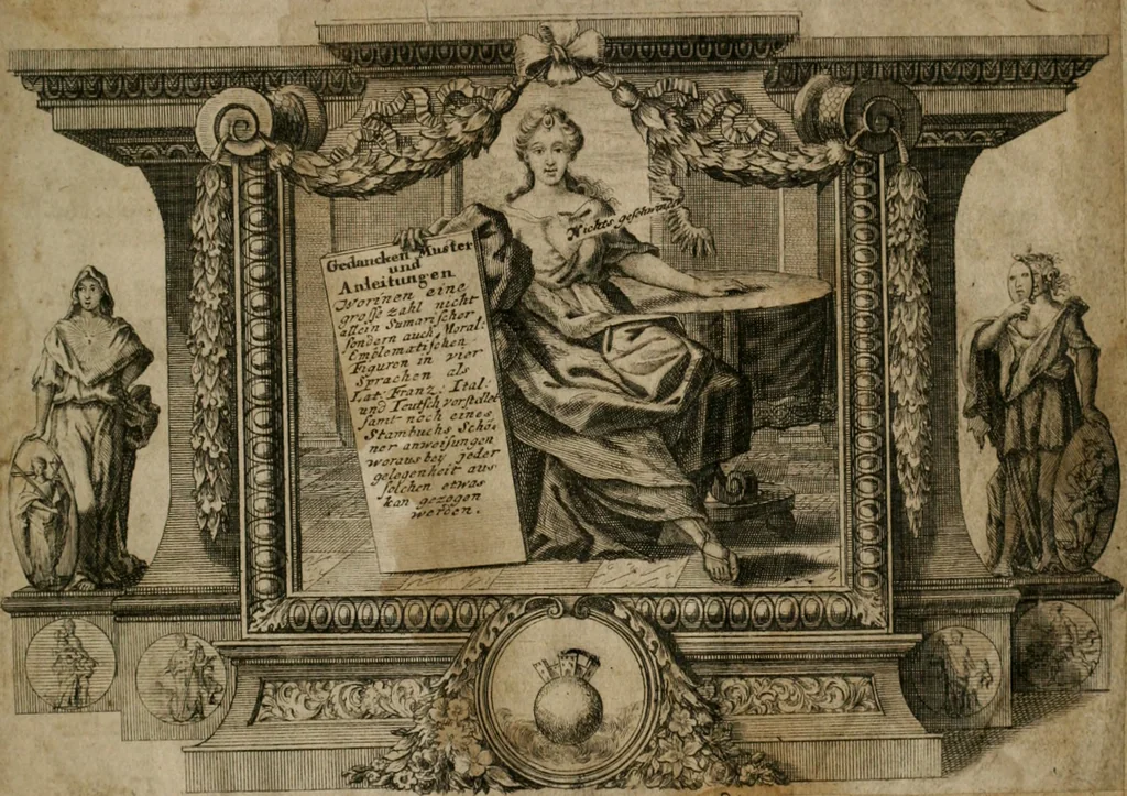 An illustration from Gedancken Muster und Anleitungen : worinen eine grosse Zahl nicht allein Sumarischer sondern auch Moral: emblematischen Figuren in vier Sprachen als Lat: Franz: Ital: und Teutsch vorstellet samt noch eines Stambuchs schöner Anweisungen woraus bey jeder Gelegenheit aus solchen etwas kan gezogen werden, 1700, leaf 4