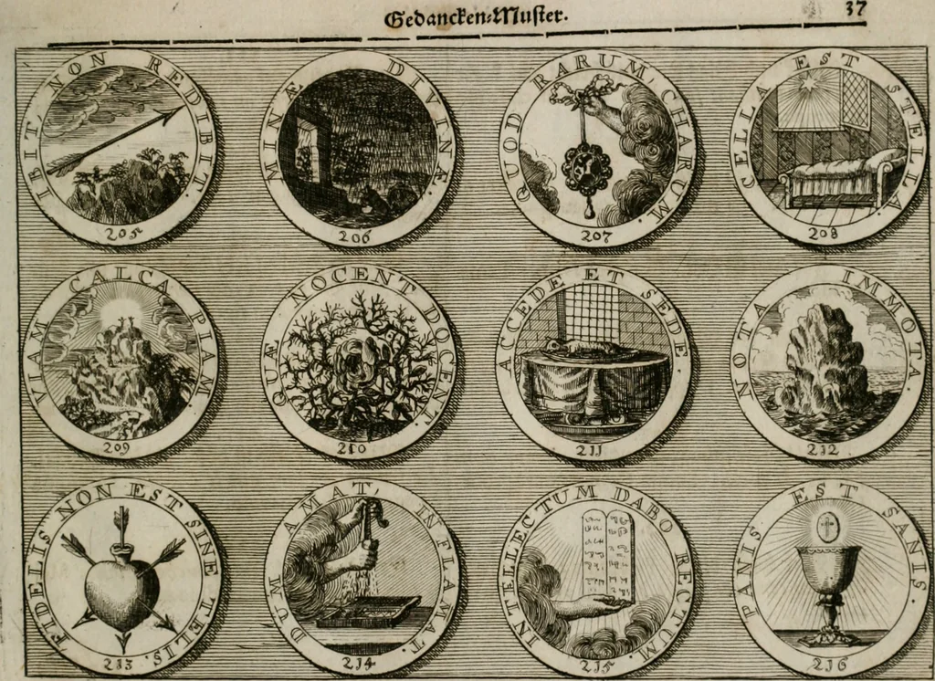 An illustration from Gedancken Muster und Anleitungen : worinen eine grosse Zahl nicht allein Sumarischer sondern auch Moral: emblematischen Figuren in vier Sprachen als Lat: Franz: Ital: und Teutsch vorstellet samt noch eines Stambuchs schöner Anweisungen woraus bey jeder Gelegenheit aus solchen etwas kan gezogen werden, 1700, leaf 40