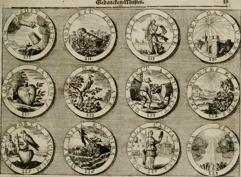 An illustration from Gedancken Muster und Anleitungen : worinen eine grosse Zahl nicht allein Sumarischer sondern auch Moral: emblematischen Figuren in vier Sprachen als Lat: Franz: Ital: und Teutsch vorstellet samt noch eines Stambuchs schöner Anweisungen woraus bey jeder Gelegenheit aus solchen etwas kan gezogen werden, 1700, leaf 42