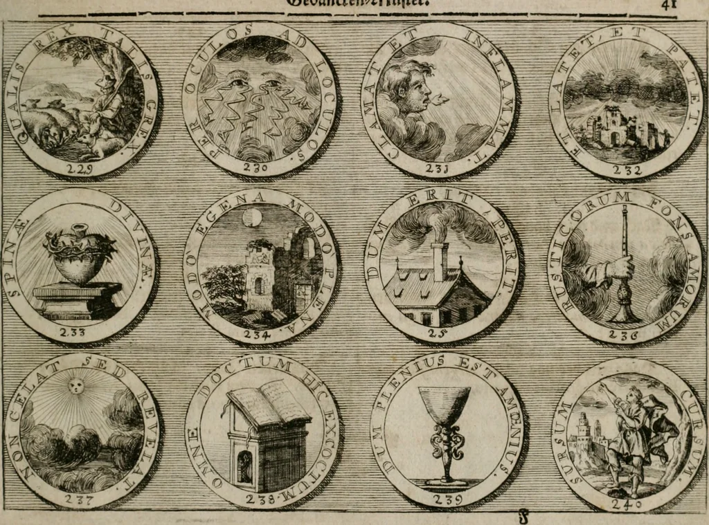 An illustration from Gedancken Muster und Anleitungen : worinen eine grosse Zahl nicht allein Sumarischer sondern auch Moral: emblematischen Figuren in vier Sprachen als Lat: Franz: Ital: und Teutsch vorstellet samt noch eines Stambuchs schöner Anweisungen woraus bey jeder Gelegenheit aus solchen etwas kan gezogen werden, 1700, leaf 44