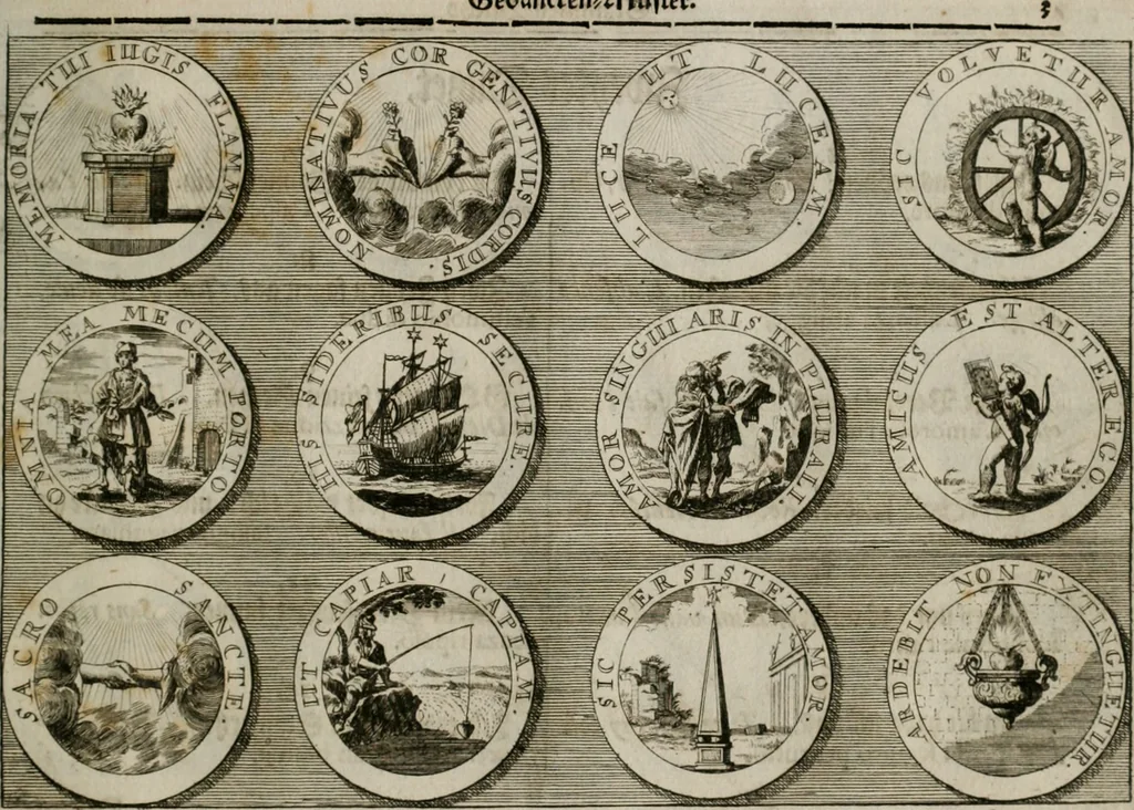 An illustration from Gedancken Muster und Anleitungen : worinen eine grosse Zahl nicht allein Sumarischer sondern auch Moral: emblematischen Figuren in vier Sprachen als Lat: Franz: Ital: und Teutsch vorstellet samt noch eines Stambuchs schöner Anweisungen woraus bey jeder Gelegenheit aus solchen etwas kan gezogen werden, 1700, leaf 50