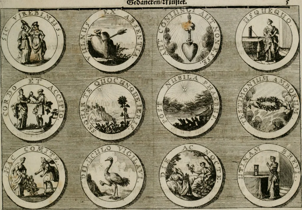 An illustration from Gedancken Muster und Anleitungen : worinen eine grosse Zahl nicht allein Sumarischer sondern auch Moral: emblematischen Figuren in vier Sprachen als Lat: Franz: Ital: und Teutsch vorstellet samt noch eines Stambuchs schöner Anweisungen woraus bey jeder Gelegenheit aus solchen etwas kan gezogen werden, 1700, leaf 52