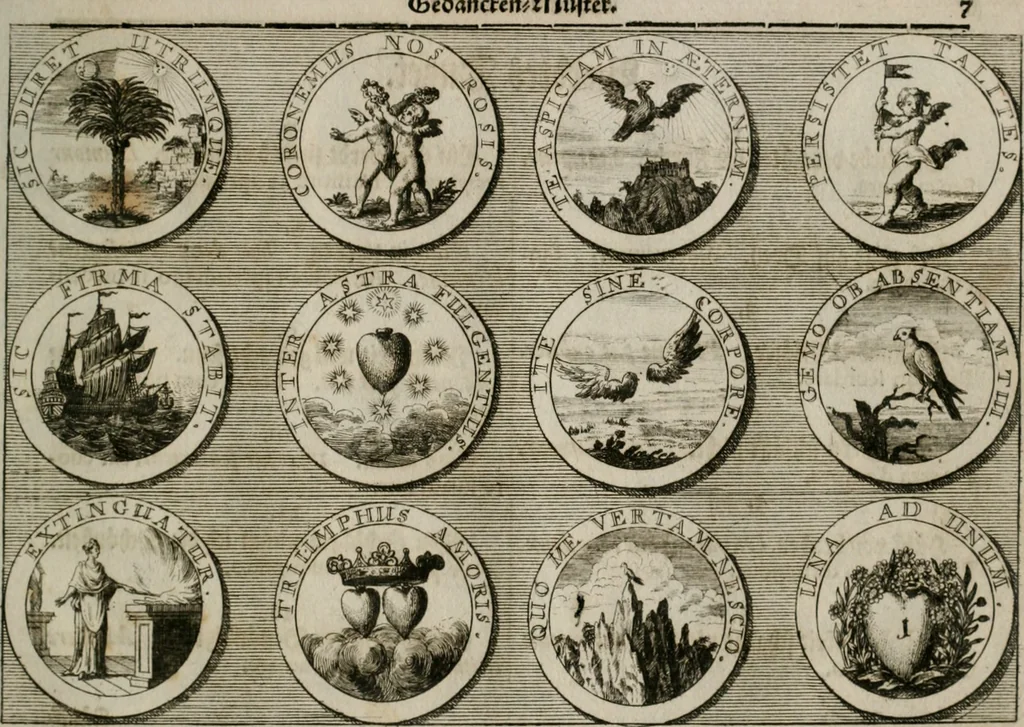 An illustration from Gedancken Muster und Anleitungen : worinen eine grosse Zahl nicht allein Sumarischer sondern auch Moral: emblematischen Figuren in vier Sprachen als Lat: Franz: Ital: und Teutsch vorstellet samt noch eines Stambuchs schöner Anweisungen woraus bey jeder Gelegenheit aus solchen etwas kan gezogen werden, 1700, leaf 54
