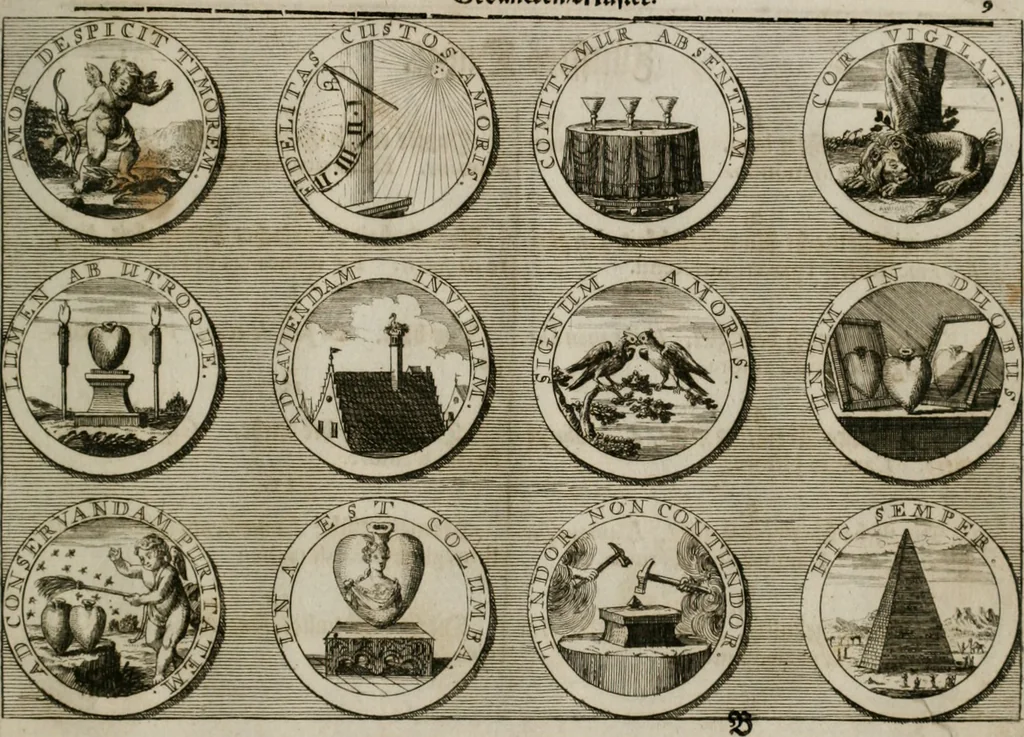 An illustration from Gedancken Muster und Anleitungen : worinen eine grosse Zahl nicht allein Sumarischer sondern auch Moral: emblematischen Figuren in vier Sprachen als Lat: Franz: Ital: und Teutsch vorstellet samt noch eines Stambuchs schöner Anweisungen woraus bey jeder Gelegenheit aus solchen etwas kan gezogen werden, 1700, leaf 56