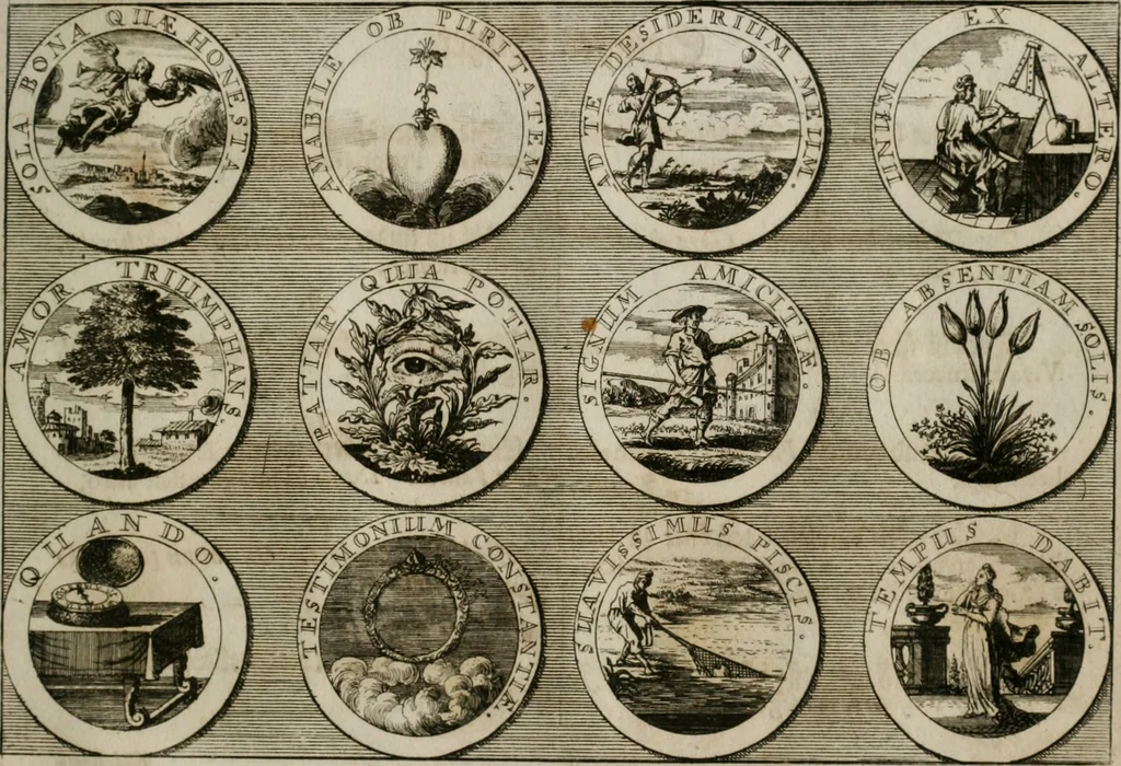 An illustration from Gedancken Muster und Anleitungen : worinen eine grosse Zahl nicht allein Sumarischer sondern auch Moral: emblematischen Figuren in vier Sprachen als Lat: Franz: Ital: und Teutsch vorstellet samt noch eines Stambuchs schöner Anweisungen woraus bey jeder Gelegenheit aus solchen etwas kan gezogen werden, 1700, leaf 58