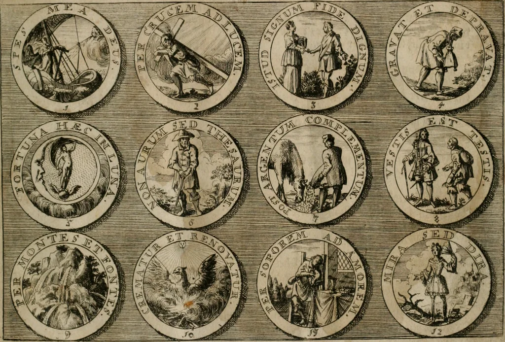 An illustration from Gedancken Muster und Anleitungen : worinen eine grosse Zahl nicht allein Sumarischer sondern auch Moral: emblematischen Figuren in vier Sprachen als Lat: Franz: Ital: und Teutsch vorstellet samt noch eines Stambuchs schöner Anweisungen woraus bey jeder Gelegenheit aus solchen etwas kan gezogen werden, 1700, leaf 6