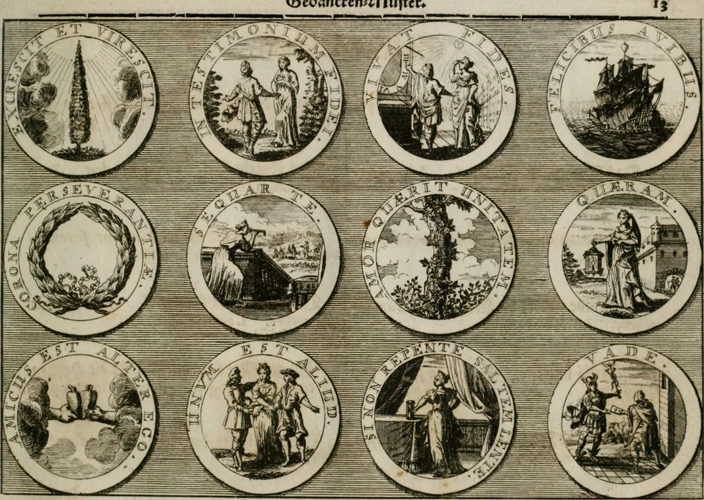 An illustration from Gedancken Muster und Anleitungen : worinen eine grosse Zahl nicht allein Sumarischer sondern auch Moral: emblematischen Figuren in vier Sprachen als Lat: Franz: Ital: und Teutsch vorstellet samt noch eines Stambuchs schöner Anweisungen woraus bey jeder Gelegenheit aus solchen etwas kan gezogen werden, 1700, leaf 60