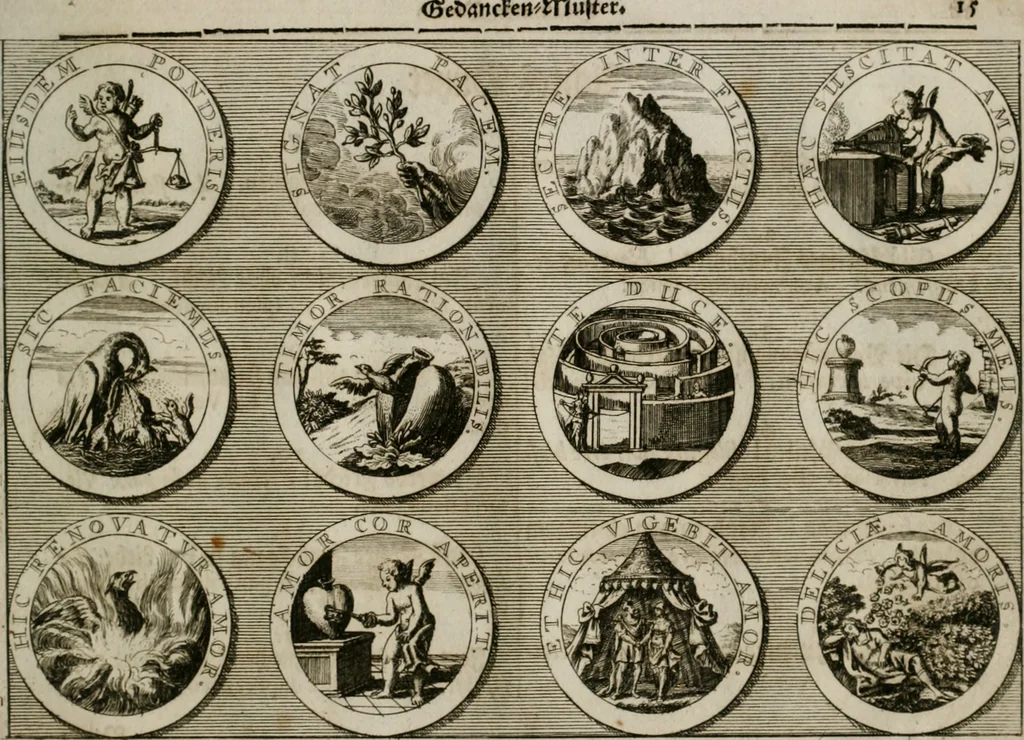 An illustration from Gedancken Muster und Anleitungen : worinen eine grosse Zahl nicht allein Sumarischer sondern auch Moral: emblematischen Figuren in vier Sprachen als Lat: Franz: Ital: und Teutsch vorstellet samt noch eines Stambuchs schöner Anweisungen woraus bey jeder Gelegenheit aus solchen etwas kan gezogen werden, 1700, leaf 62