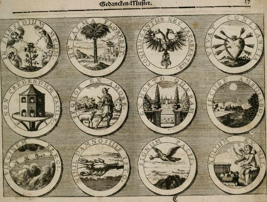 An illustration from Gedancken Muster und Anleitungen : worinen eine grosse Zahl nicht allein Sumarischer sondern auch Moral: emblematischen Figuren in vier Sprachen als Lat: Franz: Ital: und Teutsch vorstellet samt noch eines Stambuchs schöner Anweisungen woraus bey jeder Gelegenheit aus solchen etwas kan gezogen werden, 1700, leaf 64