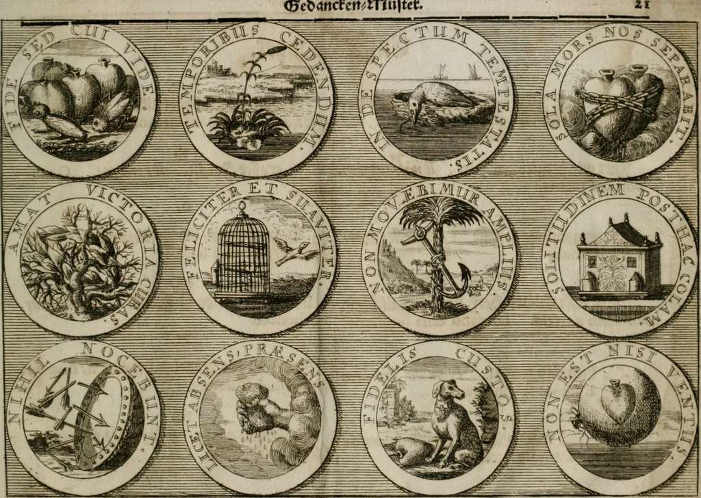 An illustration from Gedancken Muster und Anleitungen : worinen eine grosse Zahl nicht allein Sumarischer sondern auch Moral: emblematischen Figuren in vier Sprachen als Lat: Franz: Ital: und Teutsch vorstellet samt noch eines Stambuchs schöner Anweisungen woraus bey jeder Gelegenheit aus solchen etwas kan gezogen werden, 1700, leaf 68