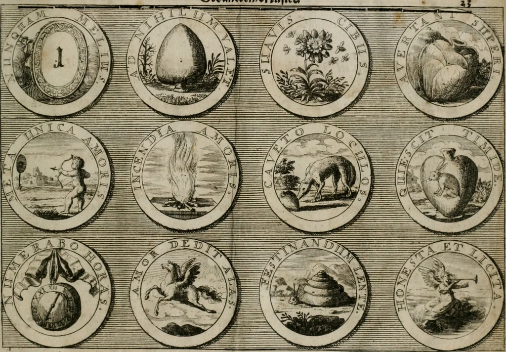 An illustration from Gedancken Muster und Anleitungen : worinen eine grosse Zahl nicht allein Sumarischer sondern auch Moral: emblematischen Figuren in vier Sprachen als Lat: Franz: Ital: und Teutsch vorstellet samt noch eines Stambuchs schöner Anweisungen woraus bey jeder Gelegenheit aus solchen etwas kan gezogen werden, 1700, leaf 70