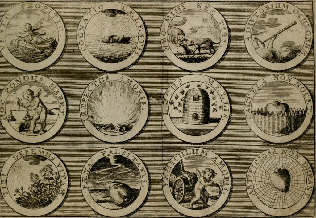 An illustration from Gedancken Muster und Anleitungen : worinen eine grosse Zahl nicht allein Sumarischer sondern auch Moral: emblematischen Figuren in vier Sprachen als Lat: Franz: Ital: und Teutsch vorstellet samt noch eines Stambuchs schöner Anweisungen woraus bey jeder Gelegenheit aus solchen etwas kan gezogen werden, 1700, leaf 72