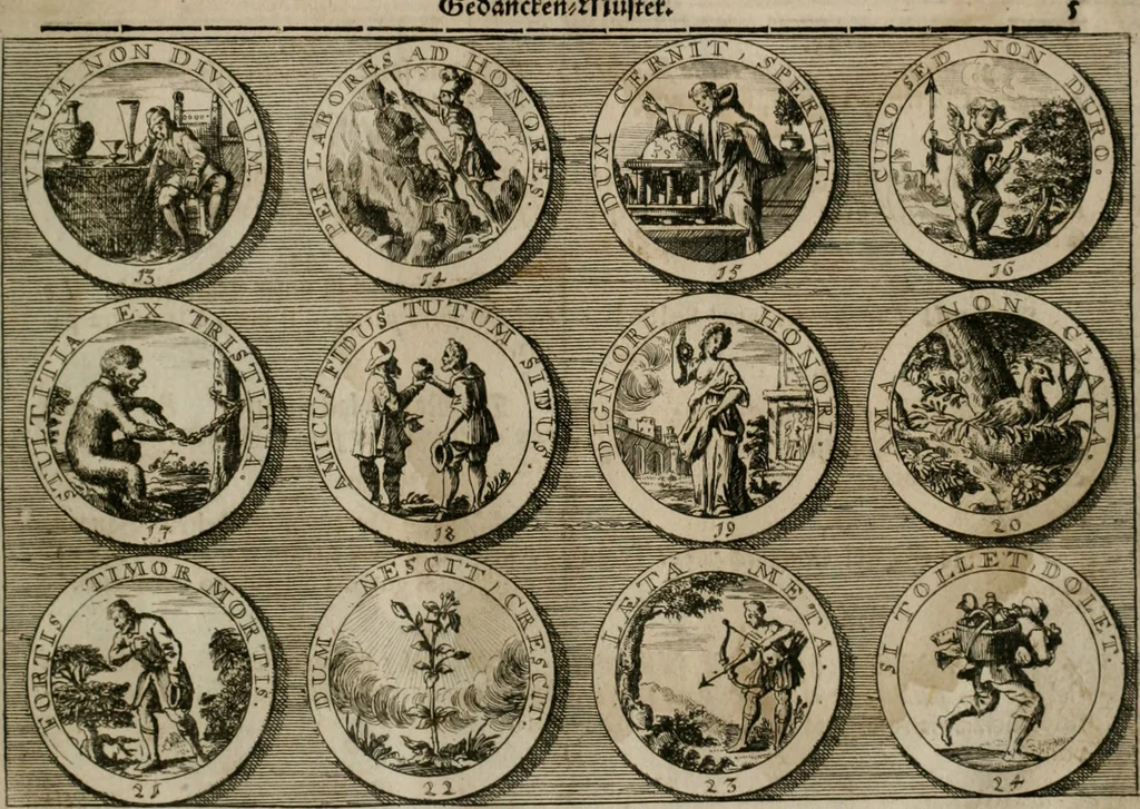 An illustration from Gedancken Muster und Anleitungen : worinen eine grosse Zahl nicht allein Sumarischer sondern auch Moral: emblematischen Figuren in vier Sprachen als Lat: Franz: Ital: und Teutsch vorstellet samt noch eines Stambuchs schöner Anweisungen woraus bey jeder Gelegenheit aus solchen etwas kan gezogen werden, 1700, leaf 8