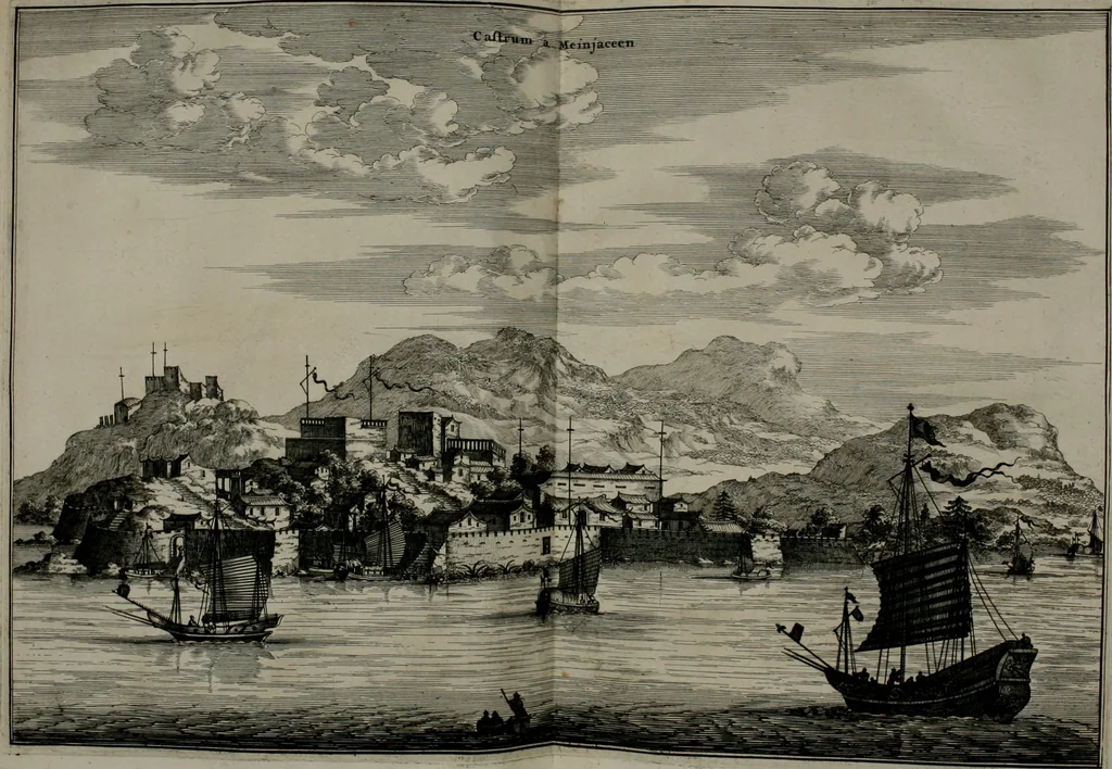An illustration from Gedenkwaerdig bedryf der Nederlandsche Oost-Indische maetschappye, op de kuste en in het keizerrijk van Taising of Sina: behelzende het tweede gezandschap aen den onder-koning Singlamong en veldheer Taising Lipoui; door Jan van Kampen en Konstantyn Nobel. Vervolgt met een verhael van het voorgevallen des jaers zestien hondert drie ein vier en zestig, op de kust van Sina, en ontrent d'eilanden Tayowan, Formosa, Ay en Quemuy, onder 't gezag van Balthasar Bort: en het derde gezandschap aen Konchy, Tartarsche keizer van Sina en Oost-Tartarye: onder beleit van Zijne Ed. Pieter van Hoorn. Beneffens een beschryving van geheel Sina. Verciert doorgaens met verscheide kopere platen, 1670, leaf 105