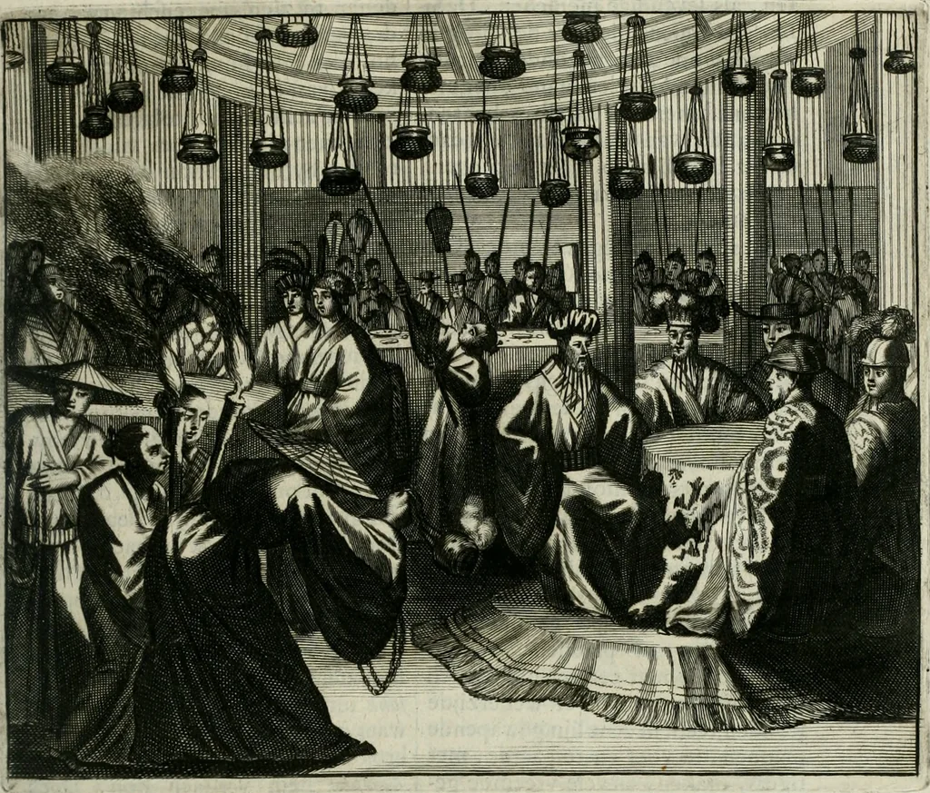 An illustration from Gedenkwaerdig bedryf der Nederlandsche Oost-Indische maetschappye, op de kuste en in het keizerrijk van Taising of Sina: behelzende het tweede gezandschap aen den onder-koning Singlamong en veldheer Taising Lipoui; door Jan van Kampen en Konstantyn Nobel. Vervolgt met een verhael van het voorgevallen des jaers zestien hondert drie ein vier en zestig, op de kust van Sina, en ontrent d'eilanden Tayowan, Formosa, Ay en Quemuy, onder 't gezag van Balthasar Bort: en het derde gezandschap aen Konchy, Tartarsche keizer van Sina en Oost-Tartarye: onder beleit van Zijne Ed. Pieter van Hoorn. Beneffens een beschryving van geheel Sina. Verciert doorgaens met verscheide kopere platen, 1670, leaf 124