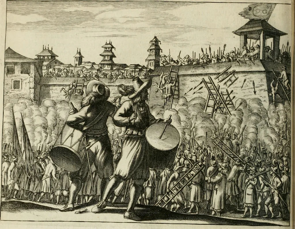 An illustration from Gedenkwaerdig bedryf der Nederlandsche Oost-Indische maetschappye, op de kuste en in het keizerrijk van Taising of Sina: behelzende het tweede gezandschap aen den onder-koning Singlamong en veldheer Taising Lipoui; door Jan van Kampen en Konstantyn Nobel. Vervolgt met een verhael van het voorgevallen des jaers zestien hondert drie ein vier en zestig, op de kust van Sina, en ontrent d'eilanden Tayowan, Formosa, Ay en Quemuy, onder 't gezag van Balthasar Bort: en het derde gezandschap aen Konchy, Tartarsche keizer van Sina en Oost-Tartarye: onder beleit van Zijne Ed. Pieter van Hoorn. Beneffens een beschryving van geheel Sina. Verciert doorgaens met verscheide kopere platen, 1670, leaf 167