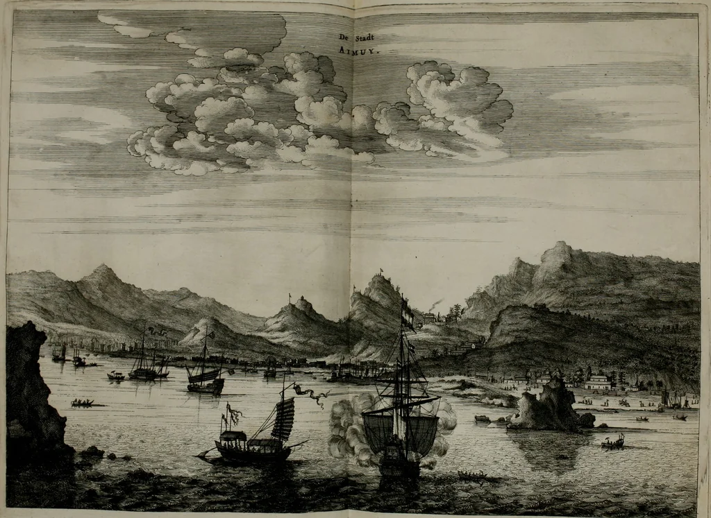 An illustration from Gedenkwaerdig bedryf der Nederlandsche Oost-Indische maetschappye, op de kuste en in het keizerrijk van Taising of Sina: behelzende het tweede gezandschap aen den onder-koning Singlamong en veldheer Taising Lipoui; door Jan van Kampen en Konstantyn Nobel. Vervolgt met een verhael van het voorgevallen des jaers zestien hondert drie ein vier en zestig, op de kust van Sina, en ontrent d'eilanden Tayowan, Formosa, Ay en Quemuy, onder 't gezag van Balthasar Bort: en het derde gezandschap aen Konchy, Tartarsche keizer van Sina en Oost-Tartarye: onder beleit van Zijne Ed. Pieter van Hoorn. Beneffens een beschryving van geheel Sina. Verciert doorgaens met verscheide kopere platen, 1670, leaf 171