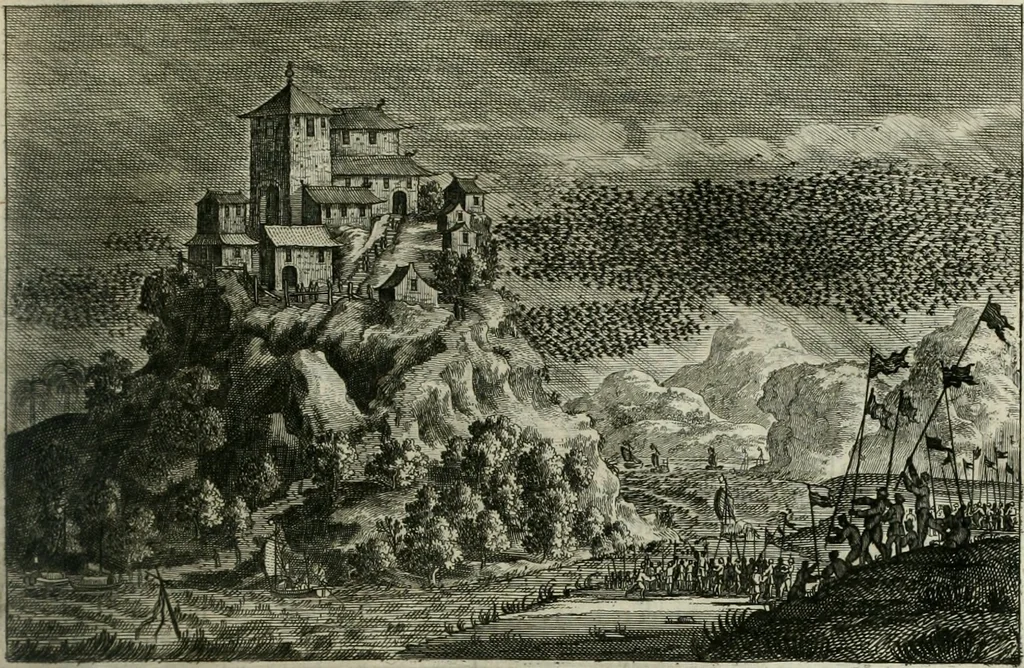 An illustration from Gedenkwaerdig bedryf der Nederlandsche Oost-Indische maetschappye, op de kuste en in het keizerrijk van Taising of Sina: behelzende het tweede gezandschap aen den onder-koning Singlamong en veldheer Taising Lipoui; door Jan van Kampen en Konstantyn Nobel. Vervolgt met een verhael van het voorgevallen des jaers zestien hondert drie ein vier en zestig, op de kust van Sina, en ontrent d'eilanden Tayowan, Formosa, Ay en Quemuy, onder 't gezag van Balthasar Bort: en het derde gezandschap aen Konchy, Tartarsche keizer van Sina en Oost-Tartarye: onder beleit van Zijne Ed. Pieter van Hoorn. Beneffens een beschryving van geheel Sina. Verciert doorgaens met verscheide kopere platen, 1670, leaf 184