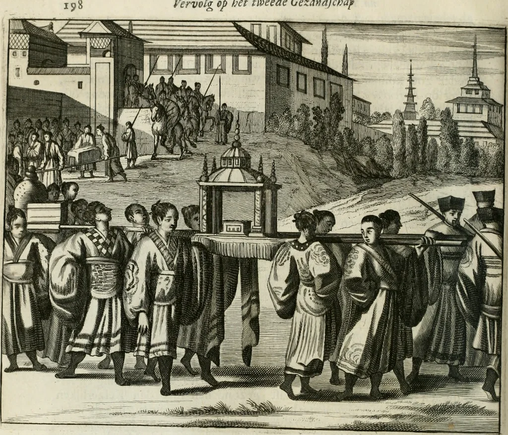 An illustration from Gedenkwaerdig bedryf der Nederlandsche Oost-Indische maetschappye, op de kuste en in het keizerrijk van Taising of Sina: behelzende het tweede gezandschap aen den onder-koning Singlamong en veldheer Taising Lipoui; door Jan van Kampen en Konstantyn Nobel. Vervolgt met een verhael van het voorgevallen des jaers zestien hondert drie ein vier en zestig, op de kust van Sina, en ontrent d'eilanden Tayowan, Formosa, Ay en Quemuy, onder 't gezag van Balthasar Bort: en het derde gezandschap aen Konchy, Tartarsche keizer van Sina en Oost-Tartarye: onder beleit van Zijne Ed. Pieter van Hoorn. Beneffens een beschryving van geheel Sina. Verciert doorgaens met verscheide kopere platen, 1670, leaf 257