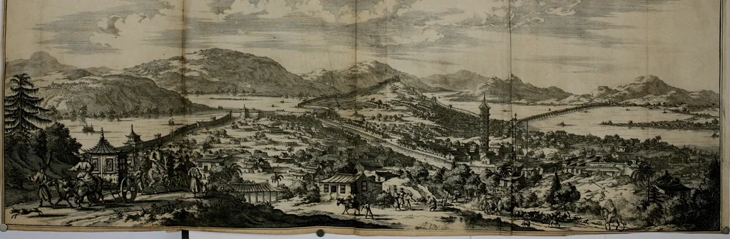 An illustration from Gedenkwaerdig bedryf der Nederlandsche Oost-Indische maetschappye, op de kuste en in het keizerrijk van Taising of Sina: behelzende het tweede gezandschap aen den onder-koning Singlamong en veldheer Taising Lipoui; door Jan van Kampen en Konstantyn Nobel. Vervolgt met een verhael van het voorgevallen des jaers zestien hondert drie ein vier en zestig, op de kust van Sina, en ontrent d'eilanden Tayowan, Formosa, Ay en Quemuy, onder 't gezag van Balthasar Bort: en het derde gezandschap aen Konchy, Tartarsche keizer van Sina en Oost-Tartarye: onder beleit van Zijne Ed. Pieter van Hoorn. Beneffens een beschryving van geheel Sina. Verciert doorgaens met verscheide kopere platen, 1670, leaf 273