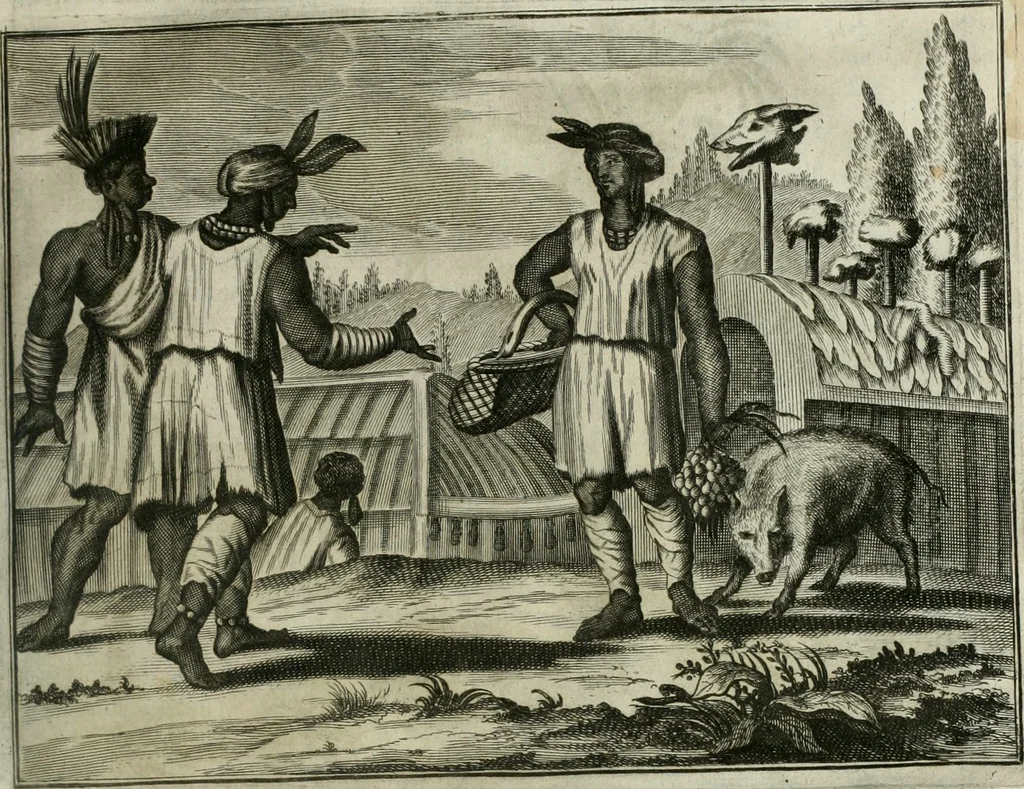 An illustration from Gedenkwaerdig bedryf der Nederlandsche Oost-Indische maetschappye, op de kuste en in het keizerrijk van Taising of Sina: behelzende het tweede gezandschap aen den onder-koning Singlamong en veldheer Taising Lipoui; door Jan van Kampen en Konstantyn Nobel. Vervolgt met een verhael van het voorgevallen des jaers zestien hondert drie ein vier en zestig, op de kust van Sina, en ontrent d'eilanden Tayowan, Formosa, Ay en Quemuy, onder 't gezag van Balthasar Bort: en het derde gezandschap aen Konchy, Tartarsche keizer van Sina en Oost-Tartarye: onder beleit van Zijne Ed. Pieter van Hoorn. Beneffens een beschryving van geheel Sina. Verciert doorgaens met verscheide kopere platen, 1670, leaf 34