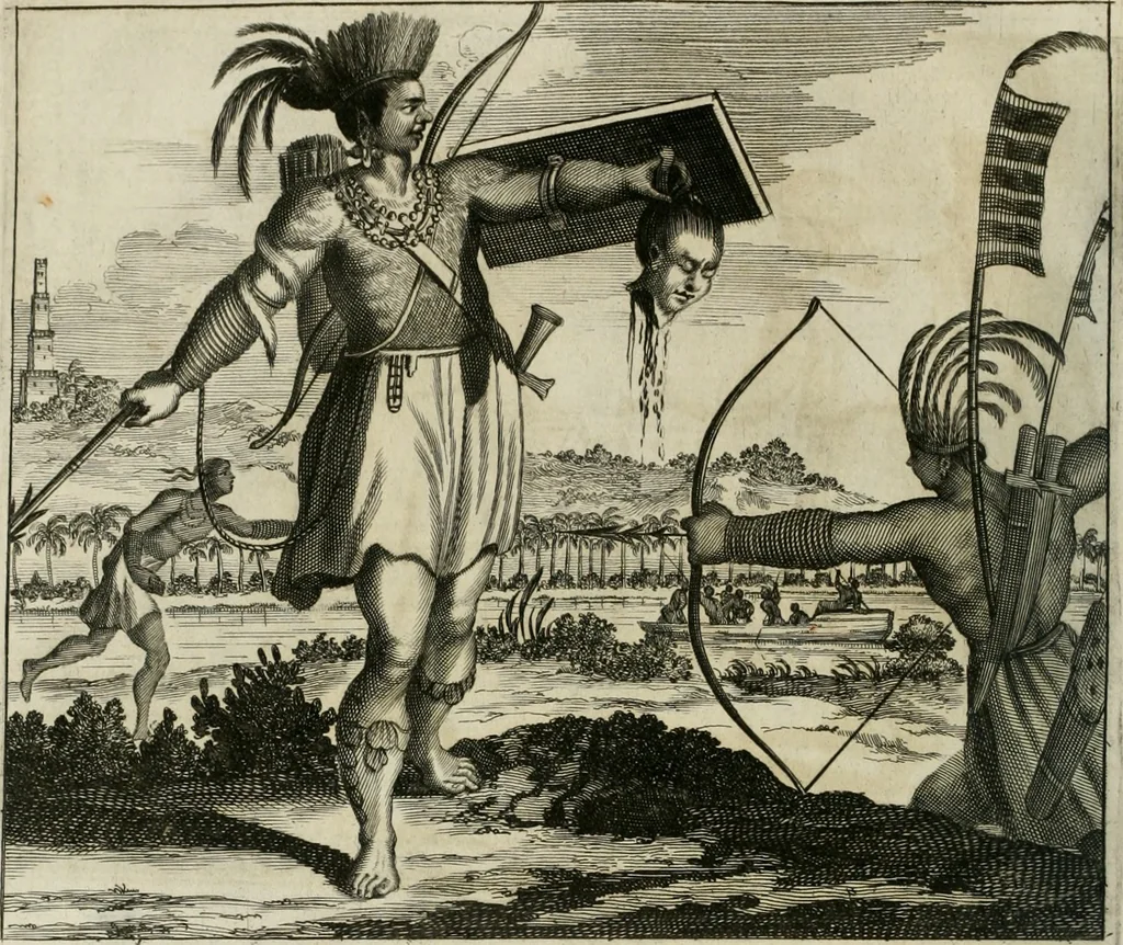 An illustration from Gedenkwaerdig bedryf der Nederlandsche Oost-Indische maetschappye, op de kuste en in het keizerrijk van Taising of Sina: behelzende het tweede gezandschap aen den onder-koning Singlamong en veldheer Taising Lipoui; door Jan van Kampen en Konstantyn Nobel. Vervolgt met een verhael van het voorgevallen des jaers zestien hondert drie ein vier en zestig, op de kust van Sina, en ontrent d'eilanden Tayowan, Formosa, Ay en Quemuy, onder 't gezag van Balthasar Bort: en het derde gezandschap aen Konchy, Tartarsche keizer van Sina en Oost-Tartarye: onder beleit van Zijne Ed. Pieter van Hoorn. Beneffens een beschryving van geheel Sina. Verciert doorgaens met verscheide kopere platen, 1670, leaf 35