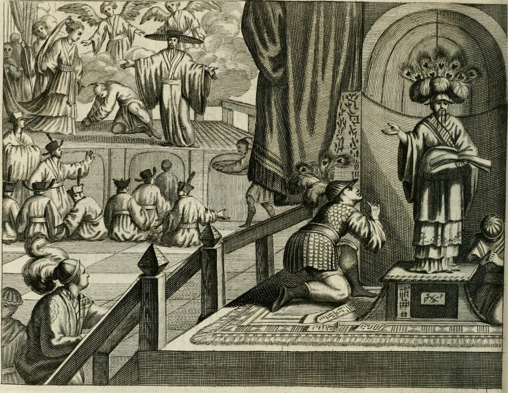 An illustration from Gedenkwaerdig bedryf der Nederlandsche Oost-Indische maetschappye, op de kuste en in het keizerrijk van Taising of Sina: behelzende het tweede gezandschap aen den onder-koning Singlamong en veldheer Taising Lipoui; door Jan van Kampen en Konstantyn Nobel. Vervolgt met een verhael van het voorgevallen des jaers zestien hondert drie ein vier en zestig, op de kust van Sina, en ontrent d'eilanden Tayowan, Formosa, Ay en Quemuy, onder 't gezag van Balthasar Bort: en het derde gezandschap aen Konchy, Tartarsche keizer van Sina en Oost-Tartarye: onder beleit van Zijne Ed. Pieter van Hoorn. Beneffens een beschryving van geheel Sina. Verciert doorgaens met verscheide kopere platen, 1670, leaf 359