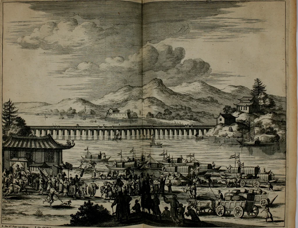 An illustration from Gedenkwaerdig bedryf der Nederlandsche Oost-Indische maetschappye, op de kuste en in het keizerrijk van Taising of Sina: behelzende het tweede gezandschap aen den onder-koning Singlamong en veldheer Taising Lipoui; door Jan van Kampen en Konstantyn Nobel. Vervolgt met een verhael van het voorgevallen des jaers zestien hondert drie ein vier en zestig, op de kust van Sina, en ontrent d'eilanden Tayowan, Formosa, Ay en Quemuy, onder 't gezag van Balthasar Bort: en het derde gezandschap aen Konchy, Tartarsche keizer van Sina en Oost-Tartarye: onder beleit van Zijne Ed. Pieter van Hoorn. Beneffens een beschryving van geheel Sina. Verciert doorgaens met verscheide kopere platen, 1670, leaf 375