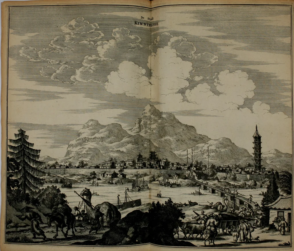 An illustration from Gedenkwaerdig bedryf der Nederlandsche Oost-Indische maetschappye, op de kuste en in het keizerrijk van Taising of Sina: behelzende het tweede gezandschap aen den onder-koning Singlamong en veldheer Taising Lipoui; door Jan van Kampen en Konstantyn Nobel. Vervolgt met een verhael van het voorgevallen des jaers zestien hondert drie ein vier en zestig, op de kust van Sina, en ontrent d'eilanden Tayowan, Formosa, Ay en Quemuy, onder 't gezag van Balthasar Bort: en het derde gezandschap aen Konchy, Tartarsche keizer van Sina en Oost-Tartarye: onder beleit van Zijne Ed. Pieter van Hoorn. Beneffens een beschryving van geheel Sina. Verciert doorgaens met verscheide kopere platen, 1670, leaf 381