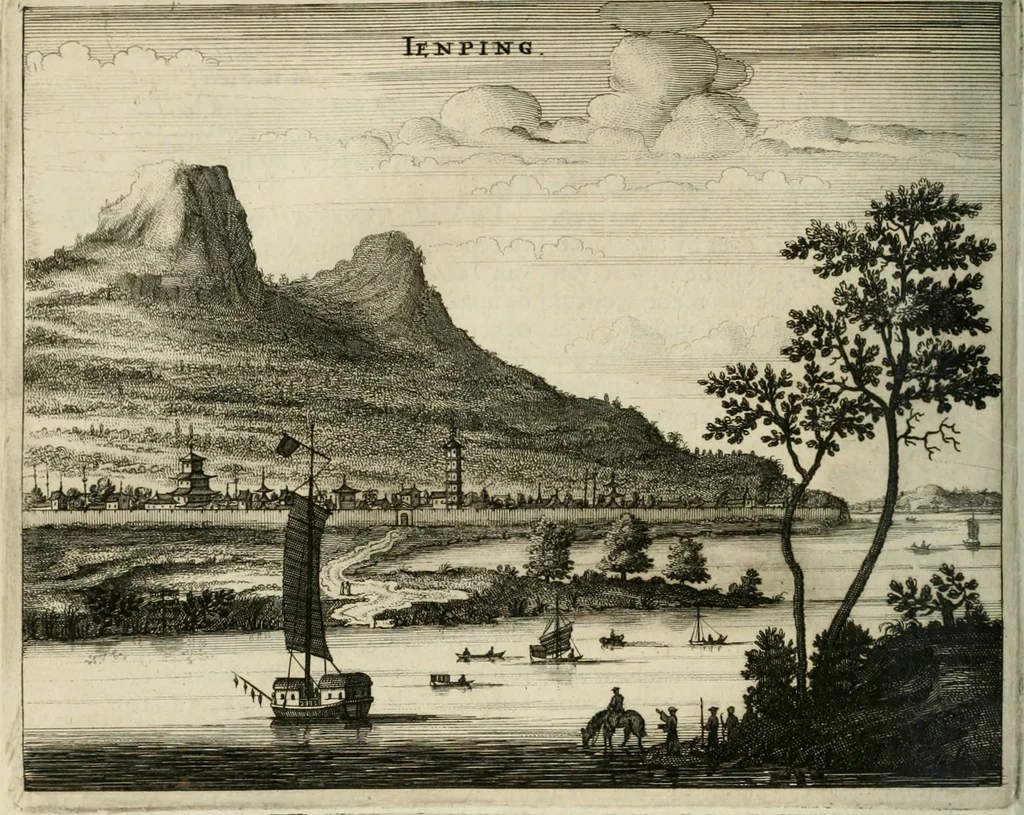An illustration from Gedenkwaerdig bedryf der Nederlandsche Oost-Indische maetschappye, op de kuste en in het keizerrijk van Taising of Sina: behelzende het tweede gezandschap aen den onder-koning Singlamong en veldheer Taising Lipoui; door Jan van Kampen en Konstantyn Nobel. Vervolgt met een verhael van het voorgevallen des jaers zestien hondert drie ein vier en zestig, op de kust van Sina, en ontrent d'eilanden Tayowan, Formosa, Ay en Quemuy, onder 't gezag van Balthasar Bort: en het derde gezandschap aen Konchy, Tartarsche keizer van Sina en Oost-Tartarye: onder beleit van Zijne Ed. Pieter van Hoorn. Beneffens een beschryving van geheel Sina. Verciert doorgaens met verscheide kopere platen, 1670, leaf 383