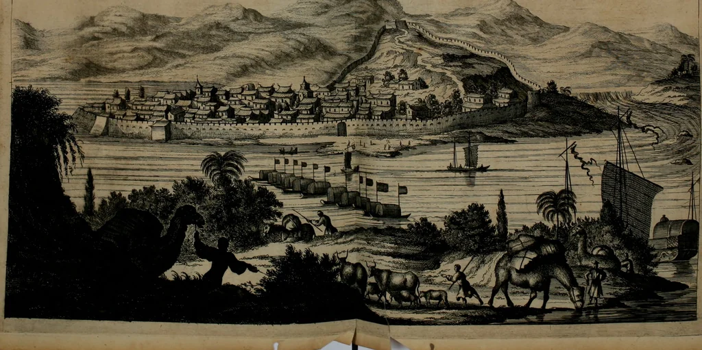 An illustration from Gedenkwaerdig bedryf der Nederlandsche Oost-Indische maetschappye, op de kuste en in het keizerrijk van Taising of Sina: behelzende het tweede gezandschap aen den onder-koning Singlamong en veldheer Taising Lipoui; door Jan van Kampen en Konstantyn Nobel. Vervolgt met een verhael van het voorgevallen des jaers zestien hondert drie ein vier en zestig, op de kust van Sina, en ontrent d'eilanden Tayowan, Formosa, Ay en Quemuy, onder 't gezag van Balthasar Bort: en het derde gezandschap aen Konchy, Tartarsche keizer van Sina en Oost-Tartarye: onder beleit van Zijne Ed. Pieter van Hoorn. Beneffens een beschryving van geheel Sina. Verciert doorgaens met verscheide kopere platen, 1670, leaf 385
