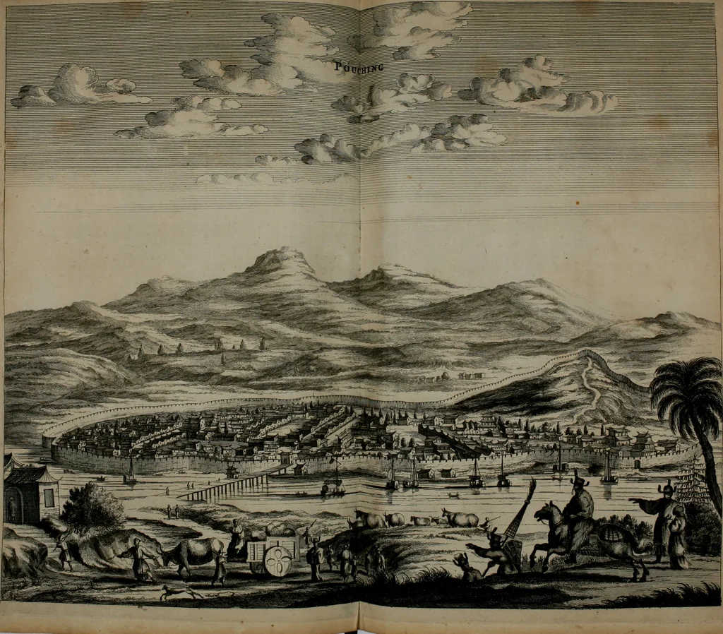 An illustration from Gedenkwaerdig bedryf der Nederlandsche Oost-Indische maetschappye, op de kuste en in het keizerrijk van Taising of Sina: behelzende het tweede gezandschap aen den onder-koning Singlamong en veldheer Taising Lipoui; door Jan van Kampen en Konstantyn Nobel. Vervolgt met een verhael van het voorgevallen des jaers zestien hondert drie ein vier en zestig, op de kust van Sina, en ontrent d'eilanden Tayowan, Formosa, Ay en Quemuy, onder 't gezag van Balthasar Bort: en het derde gezandschap aen Konchy, Tartarsche keizer van Sina en Oost-Tartarye: onder beleit van Zijne Ed. Pieter van Hoorn. Beneffens een beschryving van geheel Sina. Verciert doorgaens met verscheide kopere platen, 1670, leaf 389