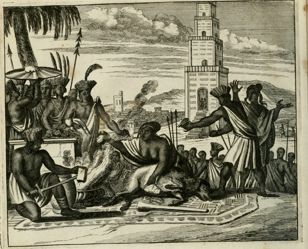 An illustration from Gedenkwaerdig bedryf der Nederlandsche Oost-Indische maetschappye, op de kuste en in het keizerrijk van Taising of Sina: behelzende het tweede gezandschap aen den onder-koning Singlamong en veldheer Taising Lipoui; door Jan van Kampen en Konstantyn Nobel. Vervolgt met een verhael van het voorgevallen des jaers zestien hondert drie ein vier en zestig, op de kust van Sina, en ontrent d'eilanden Tayowan, Formosa, Ay en Quemuy, onder 't gezag van Balthasar Bort: en het derde gezandschap aen Konchy, Tartarsche keizer van Sina en Oost-Tartarye: onder beleit van Zijne Ed. Pieter van Hoorn. Beneffens een beschryving van geheel Sina. Verciert doorgaens met verscheide kopere platen, 1670, leaf 39