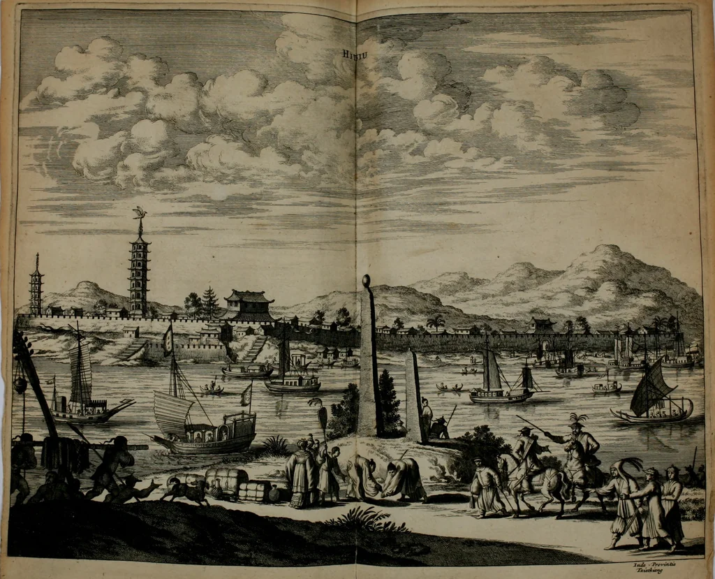 An illustration from Gedenkwaerdig bedryf der Nederlandsche Oost-Indische maetschappye, op de kuste en in het keizerrijk van Taising of Sina: behelzende het tweede gezandschap aen den onder-koning Singlamong en veldheer Taising Lipoui; door Jan van Kampen en Konstantyn Nobel. Vervolgt met een verhael van het voorgevallen des jaers zestien hondert drie ein vier en zestig, op de kust van Sina, en ontrent d'eilanden Tayowan, Formosa, Ay en Quemuy, onder 't gezag van Balthasar Bort: en het derde gezandschap aen Konchy, Tartarsche keizer van Sina en Oost-Tartarye: onder beleit van Zijne Ed. Pieter van Hoorn. Beneffens een beschryving van geheel Sina. Verciert doorgaens met verscheide kopere platen, 1670, leaf 403