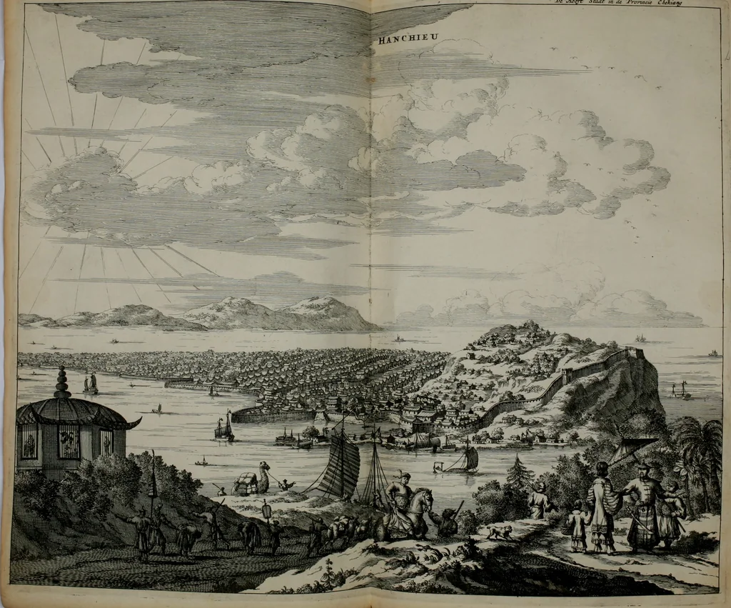 An illustration from Gedenkwaerdig bedryf der Nederlandsche Oost-Indische maetschappye, op de kuste en in het keizerrijk van Taising of Sina: behelzende het tweede gezandschap aen den onder-koning Singlamong en veldheer Taising Lipoui; door Jan van Kampen en Konstantyn Nobel. Vervolgt met een verhael van het voorgevallen des jaers zestien hondert drie ein vier en zestig, op de kust van Sina, en ontrent d'eilanden Tayowan, Formosa, Ay en Quemuy, onder 't gezag van Balthasar Bort: en het derde gezandschap aen Konchy, Tartarsche keizer van Sina en Oost-Tartarye: onder beleit van Zijne Ed. Pieter van Hoorn. Beneffens een beschryving van geheel Sina. Verciert doorgaens met verscheide kopere platen, 1670, leaf 407