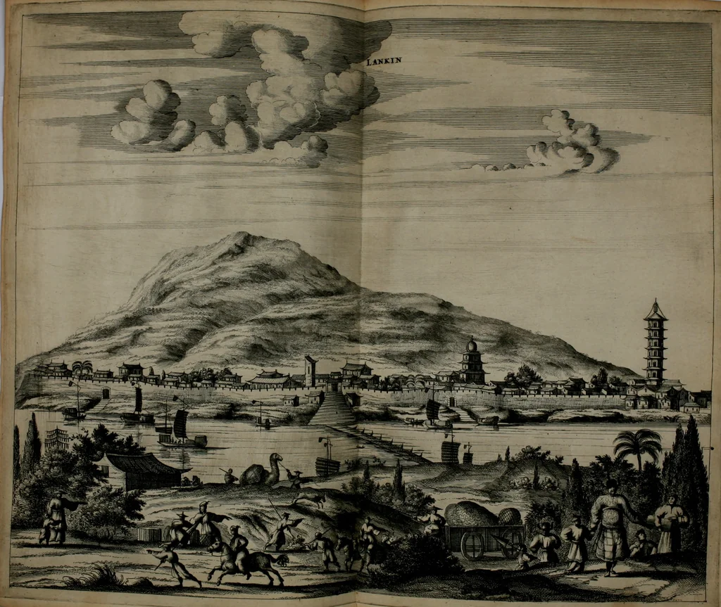 An illustration from Gedenkwaerdig bedryf der Nederlandsche Oost-Indische maetschappye, op de kuste en in het keizerrijk van Taising of Sina: behelzende het tweede gezandschap aen den onder-koning Singlamong en veldheer Taising Lipoui; door Jan van Kampen en Konstantyn Nobel. Vervolgt met een verhael van het voorgevallen des jaers zestien hondert drie ein vier en zestig, op de kust van Sina, en ontrent d'eilanden Tayowan, Formosa, Ay en Quemuy, onder 't gezag van Balthasar Bort: en het derde gezandschap aen Konchy, Tartarsche keizer van Sina en Oost-Tartarye: onder beleit van Zijne Ed. Pieter van Hoorn. Beneffens een beschryving van geheel Sina. Verciert doorgaens met verscheide kopere platen, 1670, leaf 415