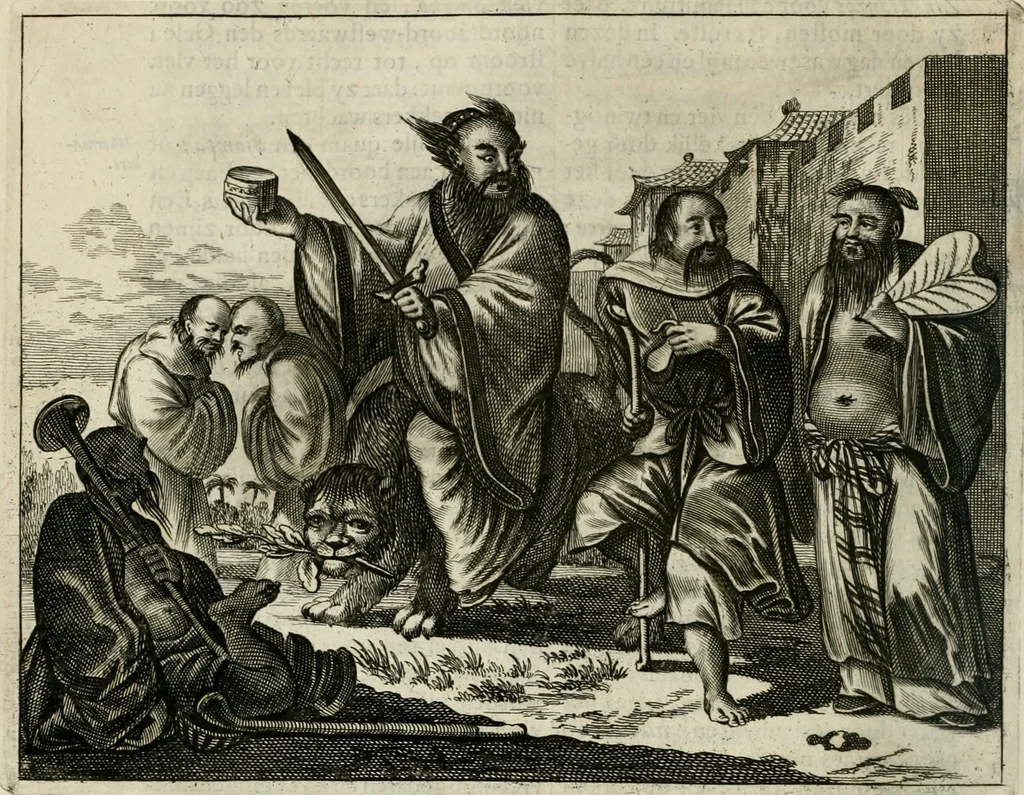 An illustration from Gedenkwaerdig bedryf der Nederlandsche Oost-Indische maetschappye, op de kuste en in het keizerrijk van Taising of Sina: behelzende het tweede gezandschap aen den onder-koning Singlamong en veldheer Taising Lipoui; door Jan van Kampen en Konstantyn Nobel. Vervolgt met een verhael van het voorgevallen des jaers zestien hondert drie ein vier en zestig, op de kust van Sina, en ontrent d'eilanden Tayowan, Formosa, Ay en Quemuy, onder 't gezag van Balthasar Bort: en het derde gezandschap aen Konchy, Tartarsche keizer van Sina en Oost-Tartarye: onder beleit van Zijne Ed. Pieter van Hoorn. Beneffens een beschryving van geheel Sina. Verciert doorgaens met verscheide kopere platen, 1670, leaf 443