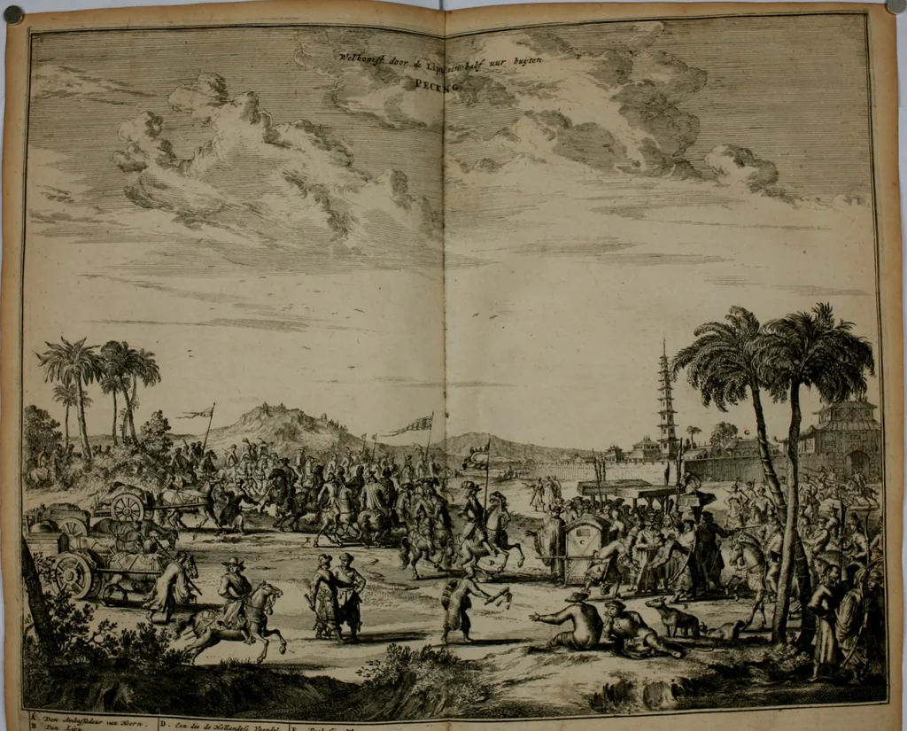 An illustration from Gedenkwaerdig bedryf der Nederlandsche Oost-Indische maetschappye, op de kuste en in het keizerrijk van Taising of Sina: behelzende het tweede gezandschap aen den onder-koning Singlamong en veldheer Taising Lipoui; door Jan van Kampen en Konstantyn Nobel. Vervolgt met een verhael van het voorgevallen des jaers zestien hondert drie ein vier en zestig, op de kust van Sina, en ontrent d'eilanden Tayowan, Formosa, Ay en Quemuy, onder 't gezag van Balthasar Bort: en het derde gezandschap aen Konchy, Tartarsche keizer van Sina en Oost-Tartarye: onder beleit van Zijne Ed. Pieter van Hoorn. Beneffens een beschryving van geheel Sina. Verciert doorgaens met verscheide kopere platen, 1670, leaf 459