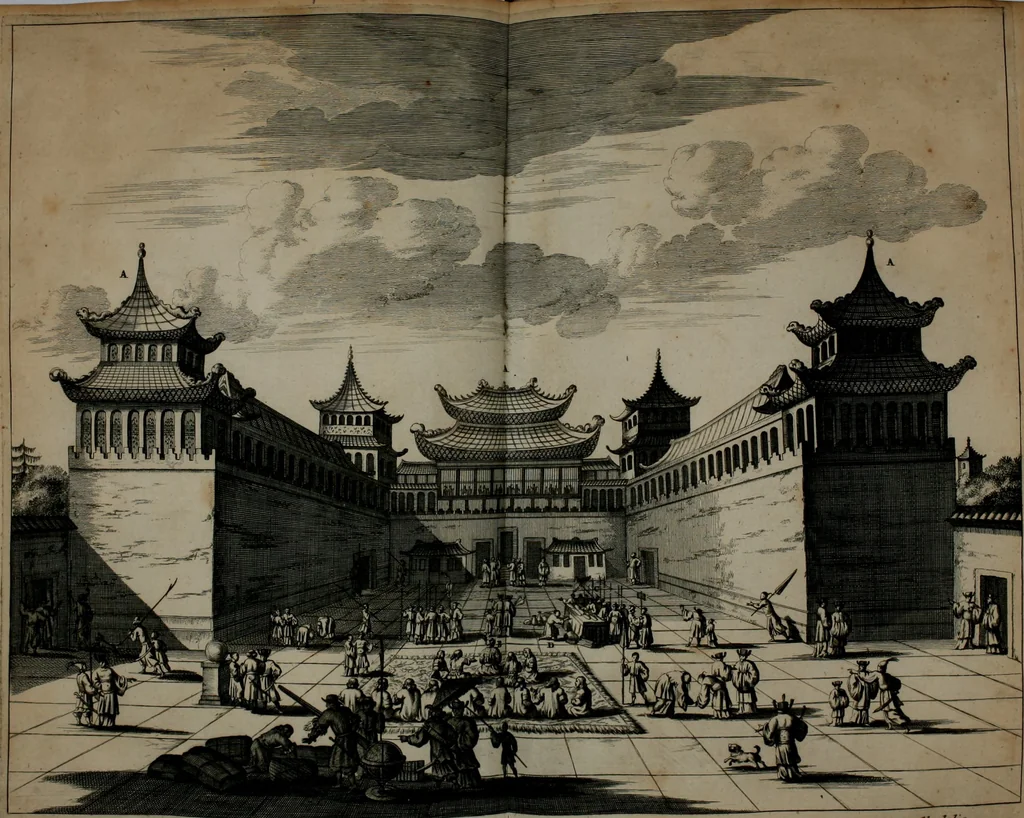 An illustration from Gedenkwaerdig bedryf der Nederlandsche Oost-Indische maetschappye, op de kuste en in het keizerrijk van Taising of Sina: behelzende het tweede gezandschap aen den onder-koning Singlamong en veldheer Taising Lipoui; door Jan van Kampen en Konstantyn Nobel. Vervolgt met een verhael van het voorgevallen des jaers zestien hondert drie ein vier en zestig, op de kust van Sina, en ontrent d'eilanden Tayowan, Formosa, Ay en Quemuy, onder 't gezag van Balthasar Bort: en het derde gezandschap aen Konchy, Tartarsche keizer van Sina en Oost-Tartarye: onder beleit van Zijne Ed. Pieter van Hoorn. Beneffens een beschryving van geheel Sina. Verciert doorgaens met verscheide kopere platen, 1670, leaf 469