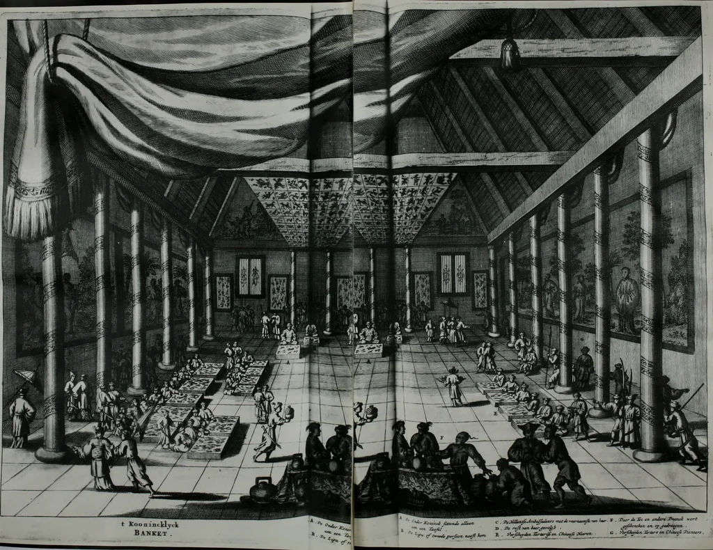 An illustration from Gedenkwaerdig bedryf der Nederlandsche Oost-Indische maetschappye, op de kuste en in het keizerrijk van Taising of Sina: behelzende het tweede gezandschap aen den onder-koning Singlamong en veldheer Taising Lipoui; door Jan van Kampen en Konstantyn Nobel. Vervolgt met een verhael van het voorgevallen des jaers zestien hondert drie ein vier en zestig, op de kust van Sina, en ontrent d'eilanden Tayowan, Formosa, Ay en Quemuy, onder 't gezag van Balthasar Bort: en het derde gezandschap aen Konchy, Tartarsche keizer van Sina en Oost-Tartarye: onder beleit van Zijne Ed. Pieter van Hoorn. Beneffens een beschryving van geheel Sina. Verciert doorgaens met verscheide kopere platen, 1670, leaf 481