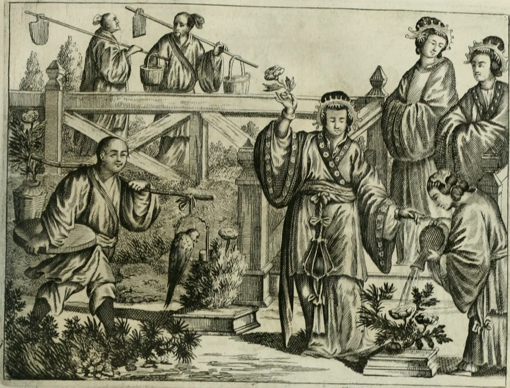 An illustration from Gedenkwaerdig bedryf der Nederlandsche Oost-Indische maetschappye, op de kuste en in het keizerrijk van Taising of Sina: behelzende het tweede gezandschap aen den onder-koning Singlamong en veldheer Taising Lipoui; door Jan van Kampen en Konstantyn Nobel. Vervolgt met een verhael van het voorgevallen des jaers zestien hondert drie ein vier en zestig, op de kust van Sina, en ontrent d'eilanden Tayowan, Formosa, Ay en Quemuy, onder 't gezag van Balthasar Bort: en het derde gezandschap aen Konchy, Tartarsche keizer van Sina en Oost-Tartarye: onder beleit van Zijne Ed. Pieter van Hoorn. Beneffens een beschryving van geheel Sina. Verciert doorgaens met verscheide kopere platen, 1670, leaf 486